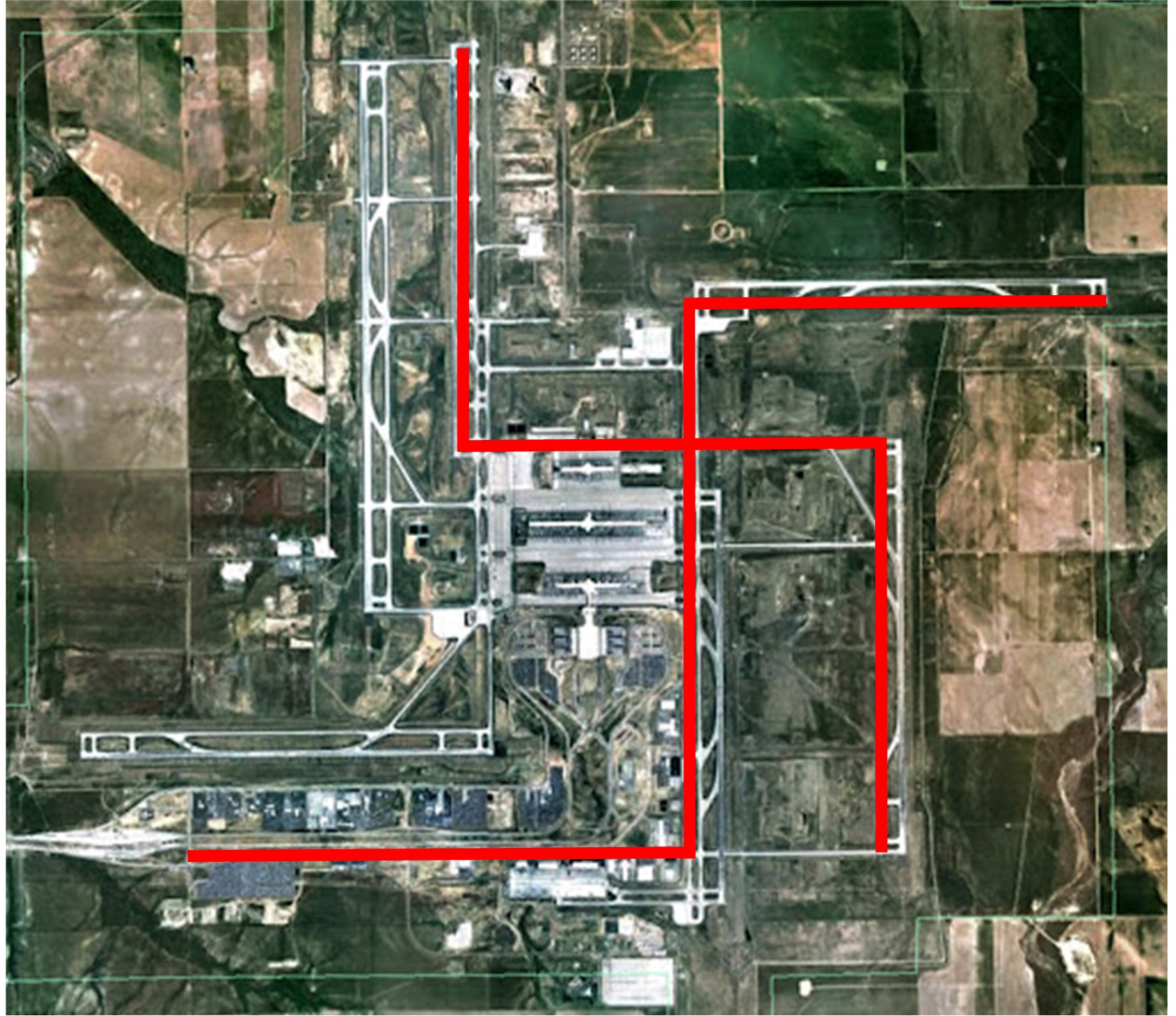 Annotated aerial view of Denver airport's runway layout